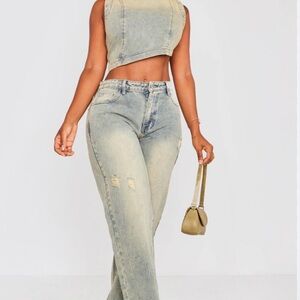 PrettyLittleThing Shape Acid Wash Denim Set – Crop Top & Flare Jeans